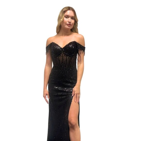 New Off Shoulder Long Nighttime Sheath Dress w/ Sequins Embroidery & TL3043C - Picture 1 of 8
